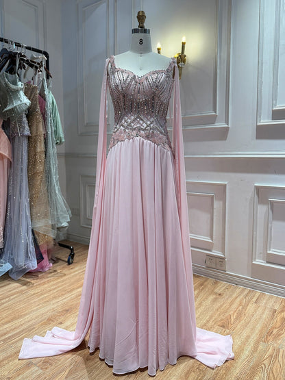Luxury Butter Yellow Beaded A Line Evening Dress with Cape LA73836