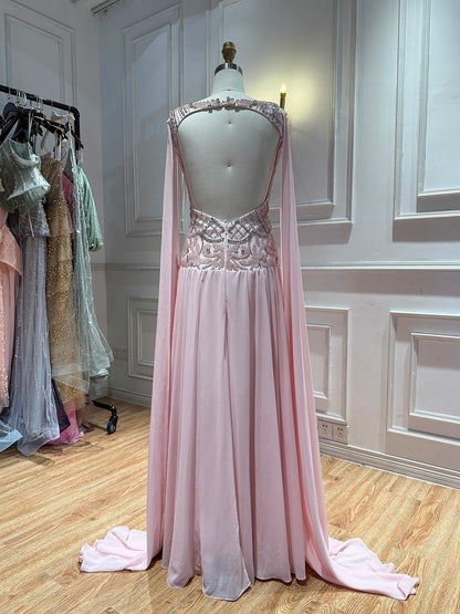 Luxury Butter Yellow Beaded A Line Evening Dress with Cape LA73836