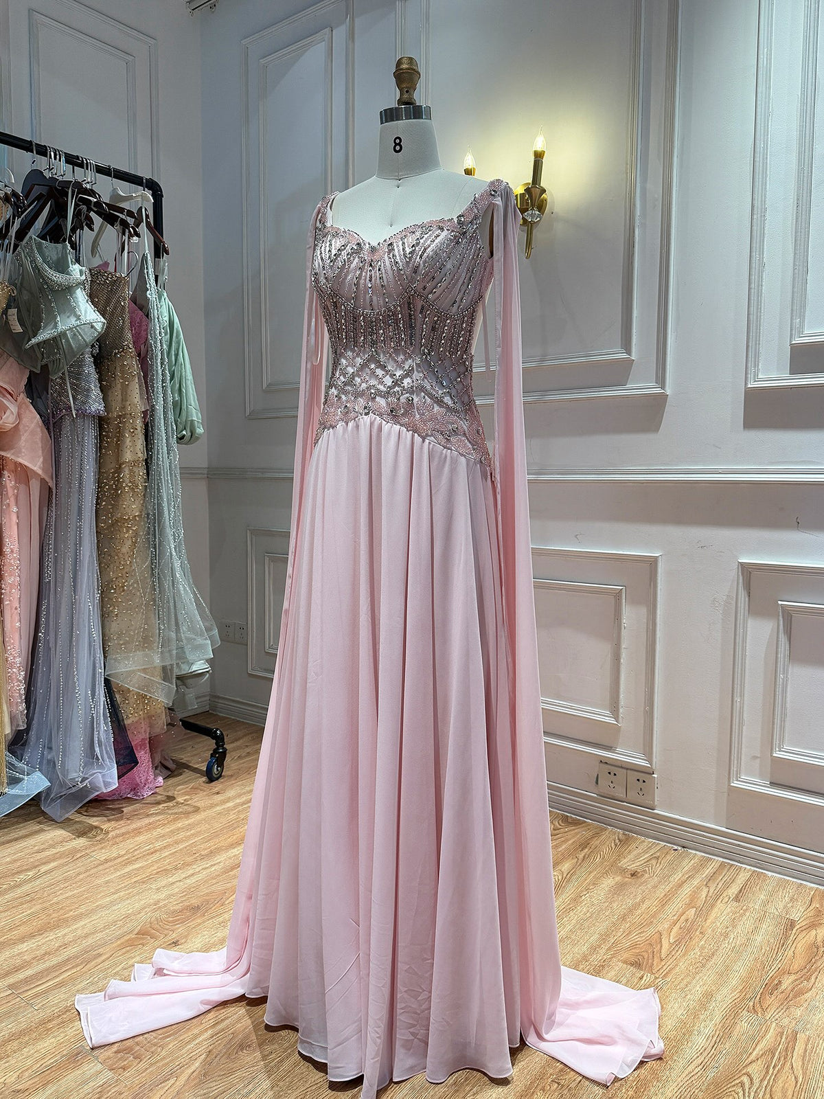 Luxury Butter Yellow Beaded A Line Evening Dress with Cape LA73836