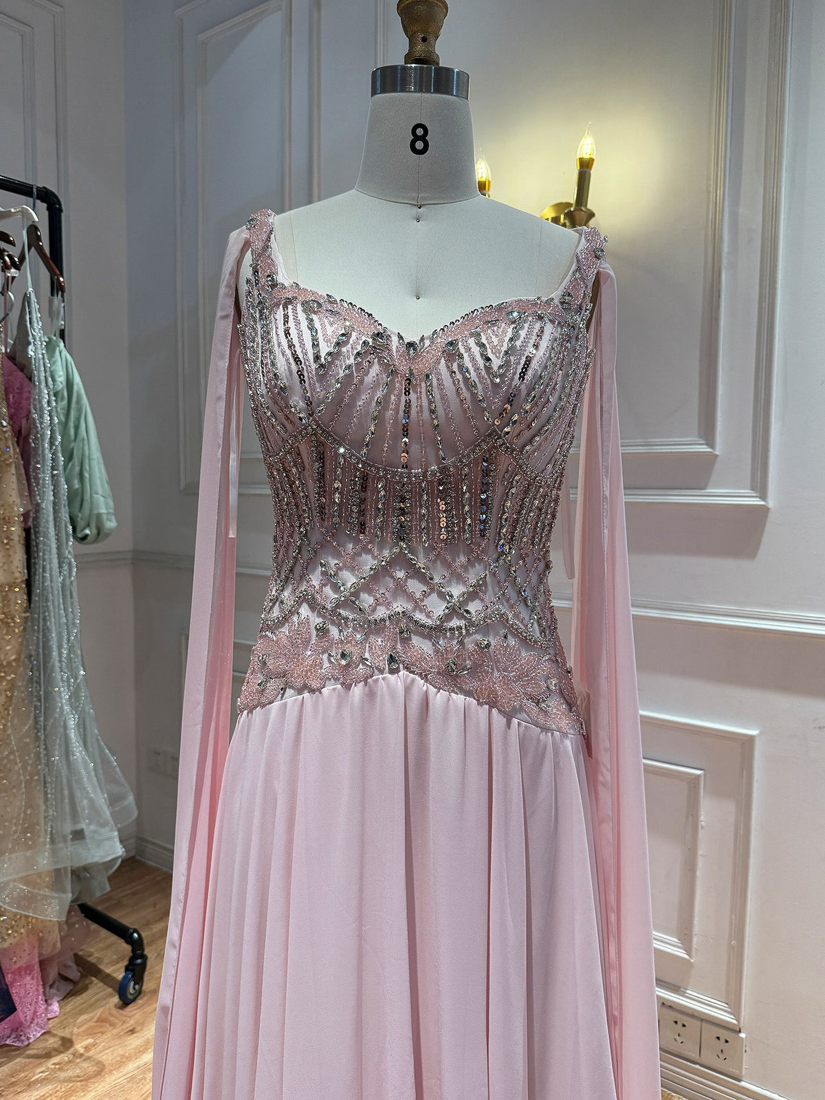 Luxury Butter Yellow Beaded A Line Evening Dress with Cape LA73836