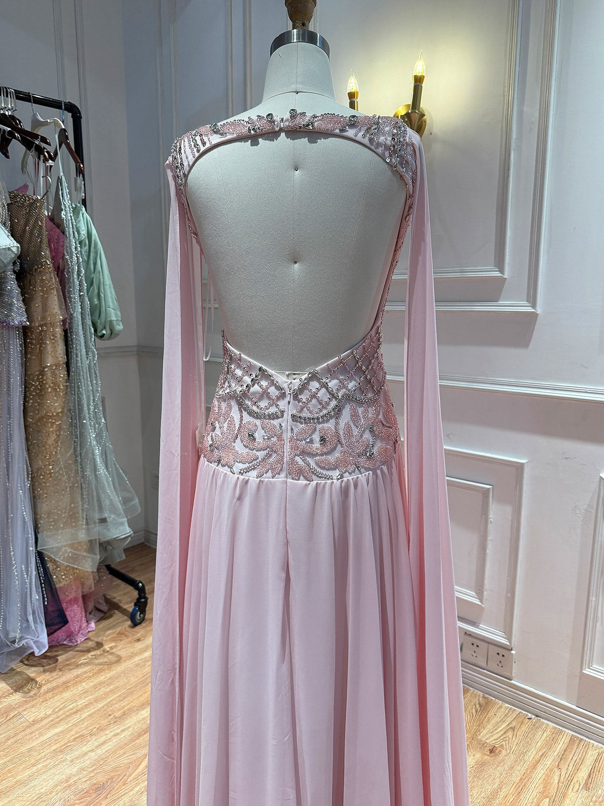 Luxury Butter Yellow Beaded A Line Evening Dress with Cape LA73836