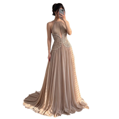 Luxury Nude Halter Beaded Pleated Chiffon A Line Evening Dress LA73838 SERENE HILL