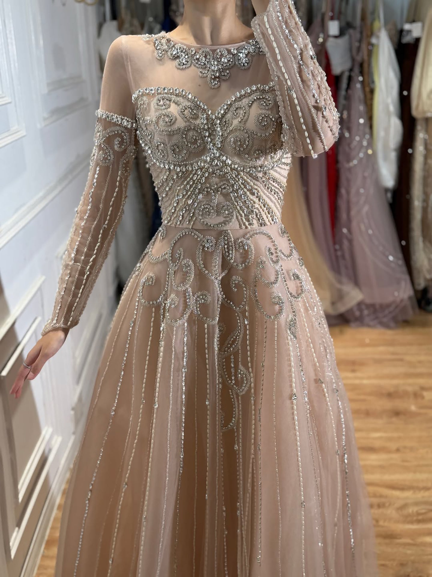 Luxury Caramel Illusion Long Sleeve Beaded Baroque A Line Dress LA73840 SERENE HILL
