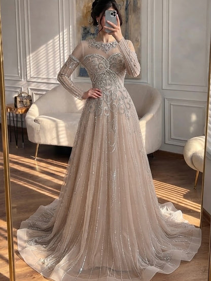 Luxury Caramel Illusion Long Sleeve Beaded Baroque A Line Dress LA73840 SERENE HILL