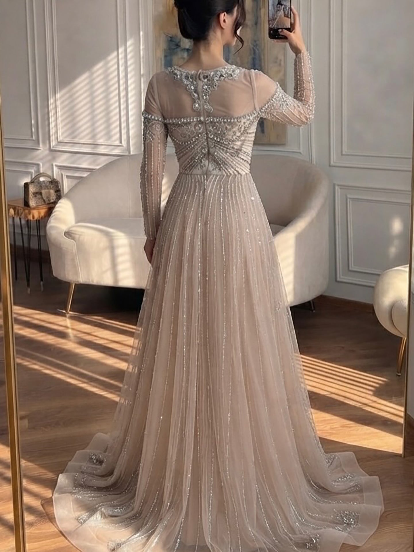 Luxury Caramel Illusion Long Sleeve Beaded Baroque A Line Dress LA73840 SERENE HILL