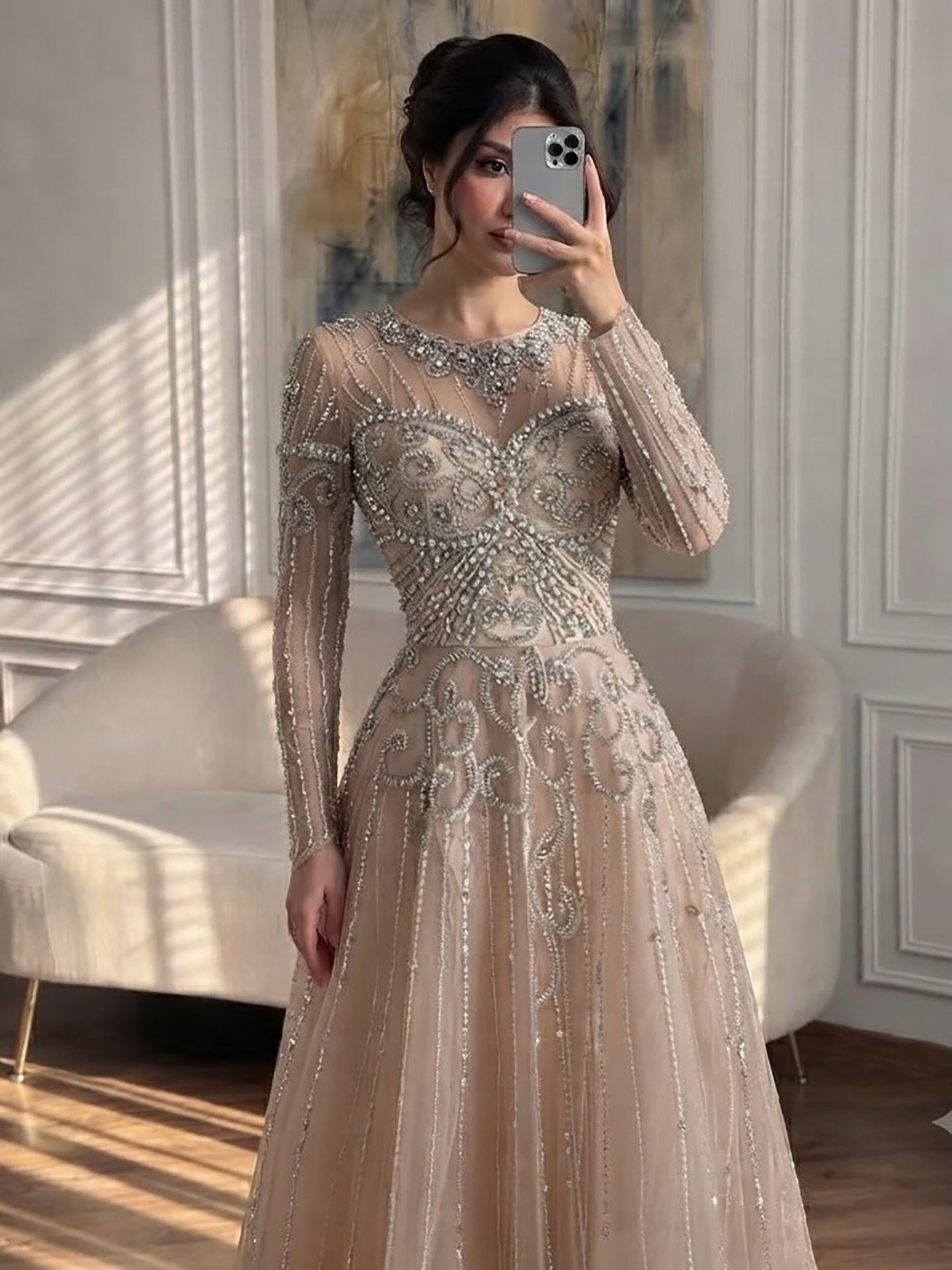 Luxury Caramel Illusion Long Sleeve Beaded Baroque A Line Dress LA73840 SERENE HILL