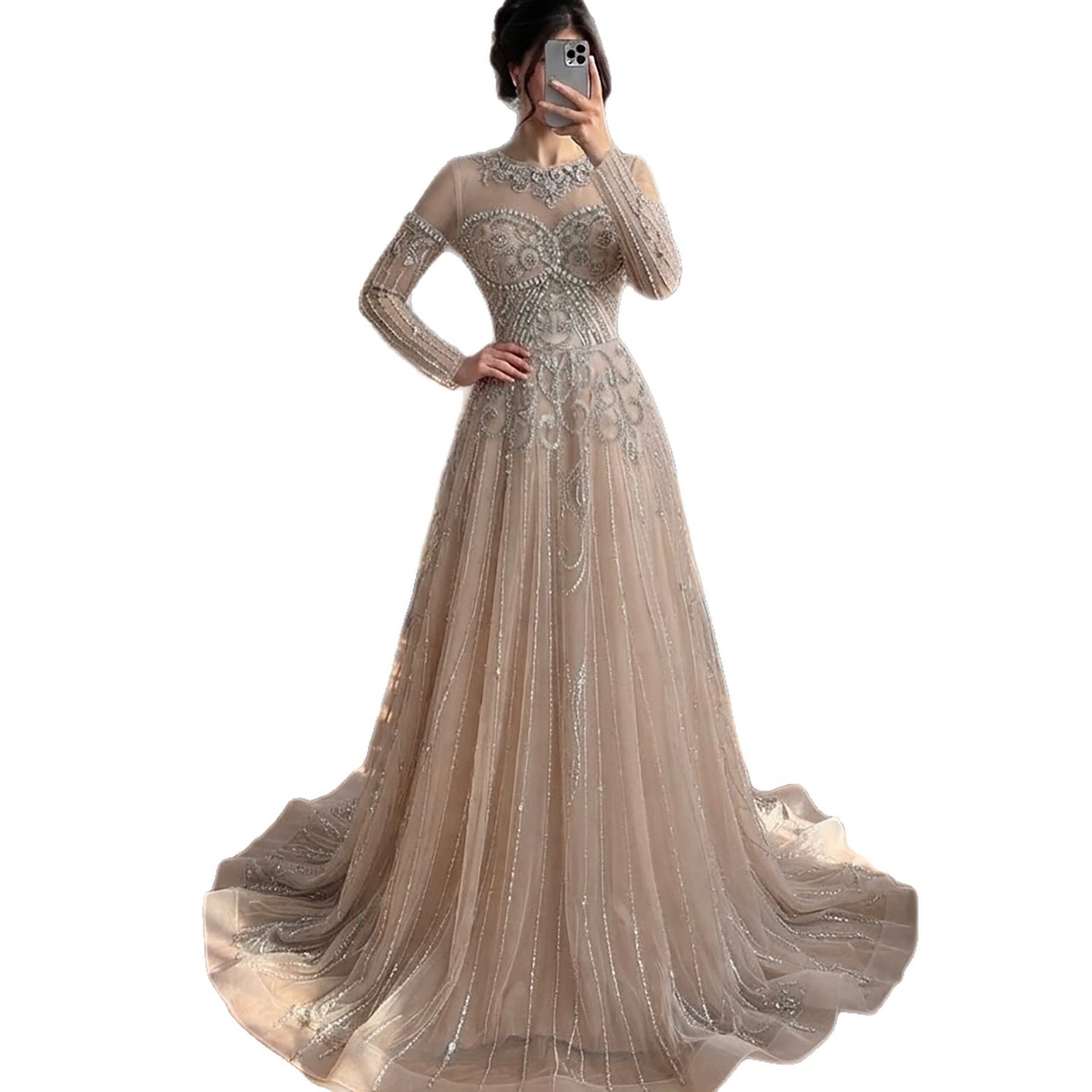 Luxury Caramel Illusion Long Sleeve Beaded Baroque A Line Dress LA73840 SERENE HILL