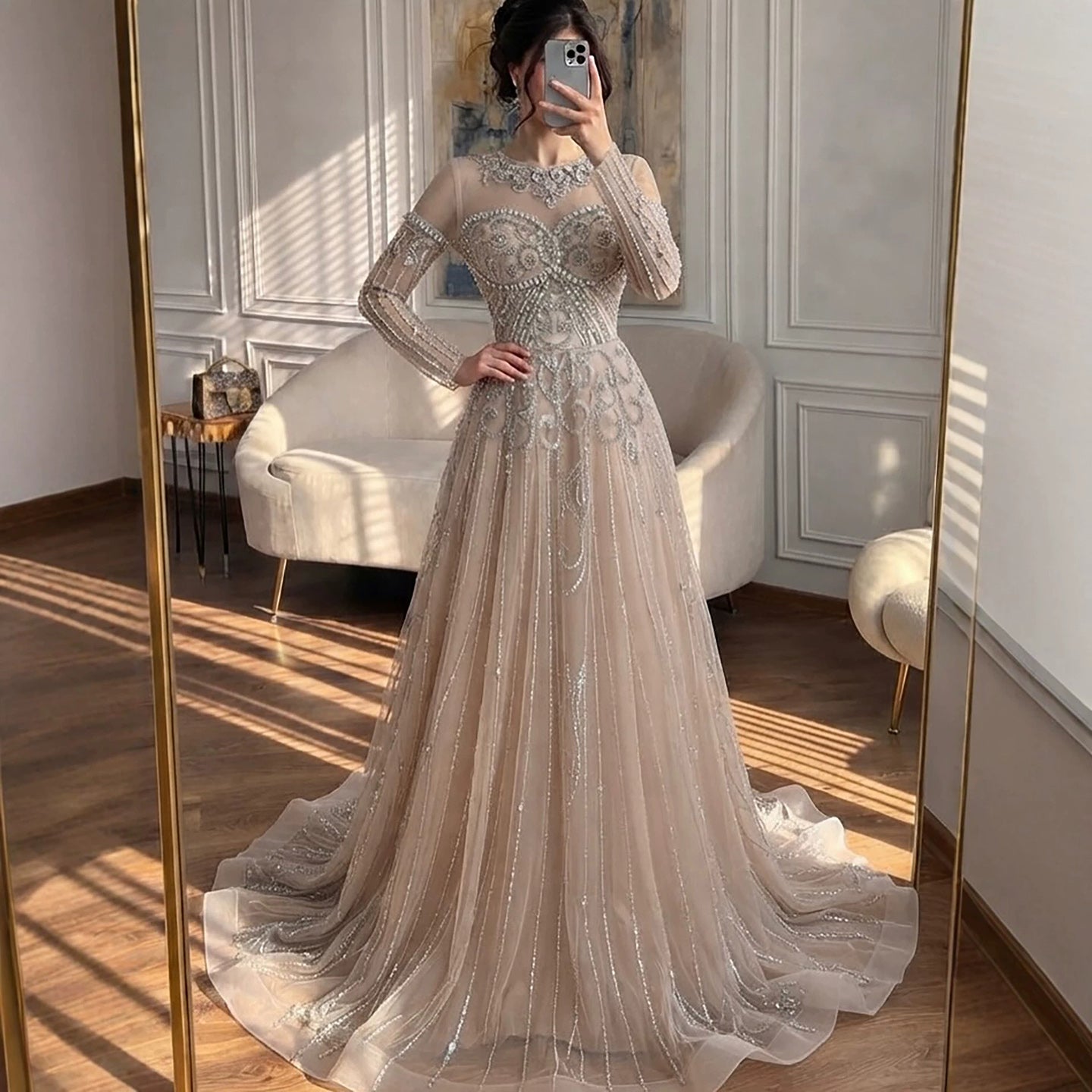 Luxury Caramel Illusion Long Sleeve Beaded Baroque A Line Dress LA73840 SERENE HILL