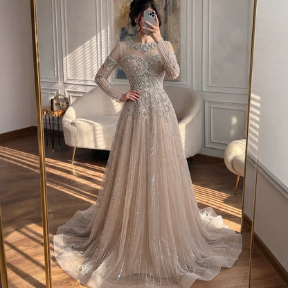 Luxury Caramel Illusion Long Sleeve Beaded Baroque A Line Dress LA73840 SERENE HILL
