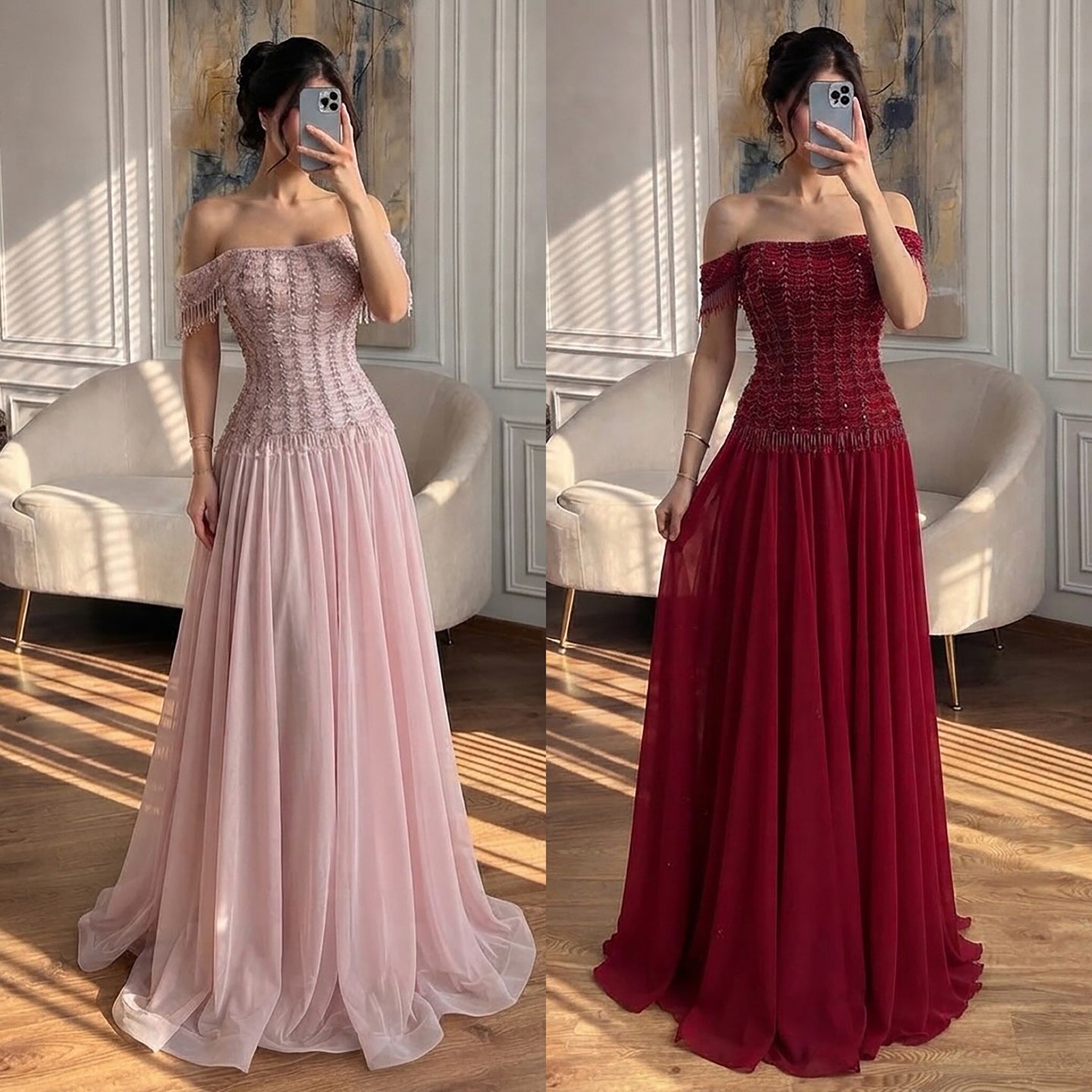 Luxury Pink Off The Shoulder Beaded Tassel Lace Up A Line Dress LA73842 SERENE HILL