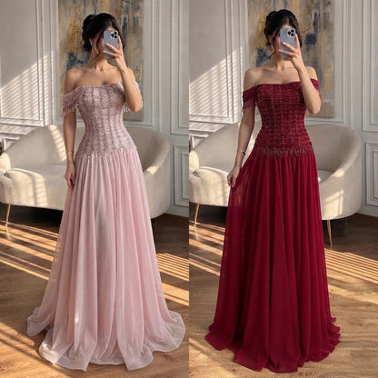 Luxury Pink Off The Shoulder Beaded Tassel Lace Up A Line Dress LA73842 SERENE HILL