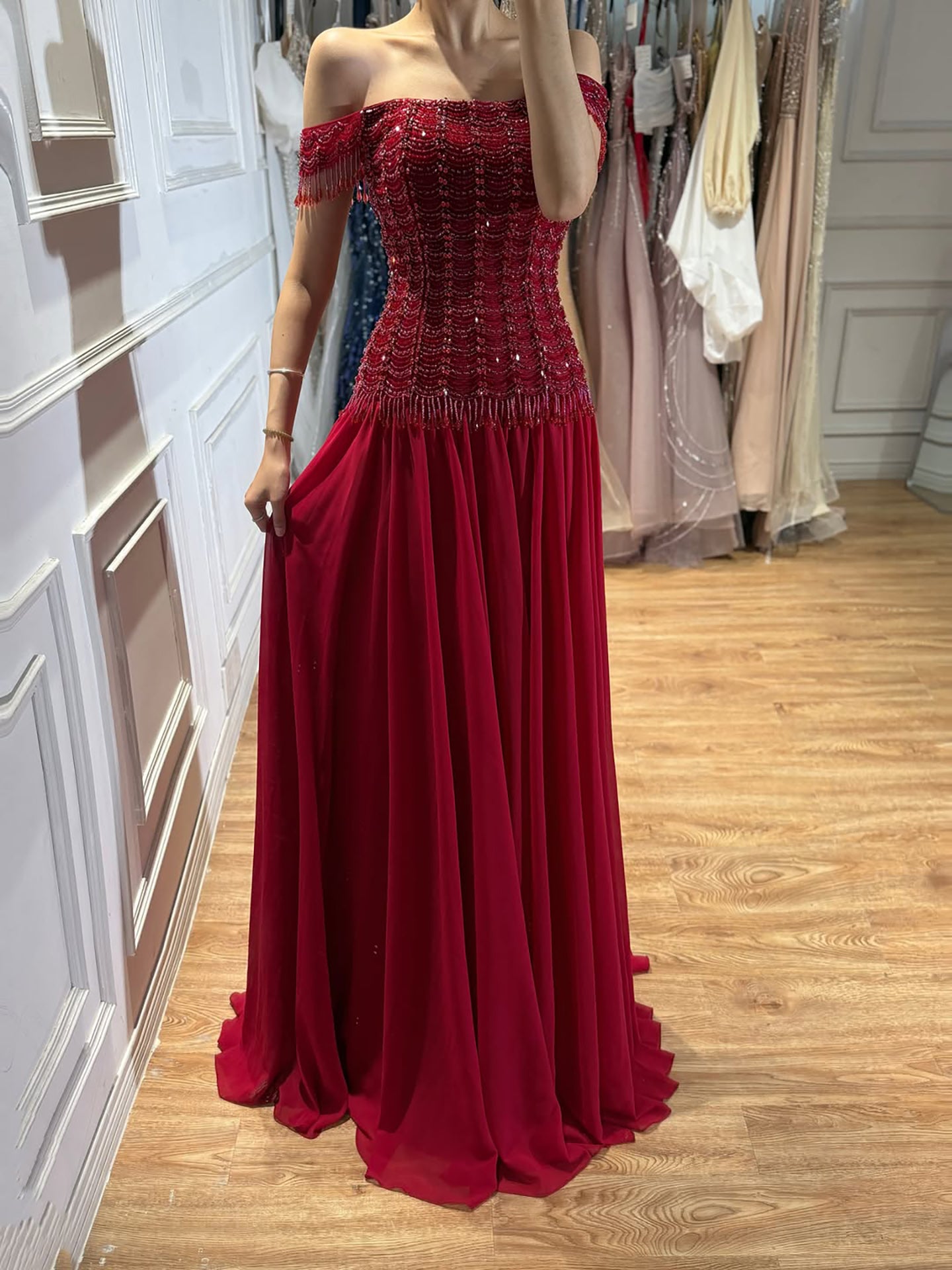 Luxury Pink Off The Shoulder Beaded Tassel Lace Up A Line Dress LA73842 SERENE HILL