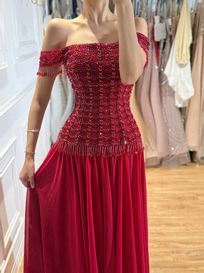 Luxury Pink Off The Shoulder Beaded Tassel Lace Up A Line Dress LA73842 SERENE HILL