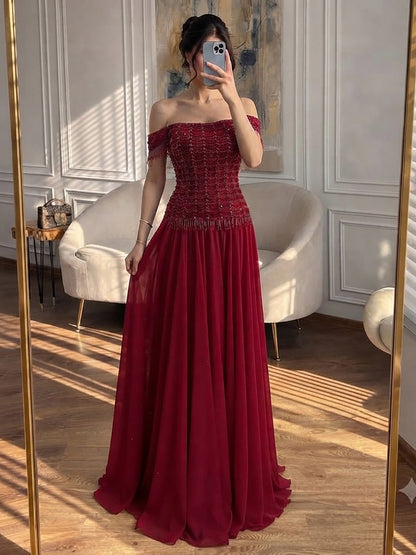 Luxury Pink Off The Shoulder Beaded Tassel Lace Up A Line Dress LA73842 SERENE HILL