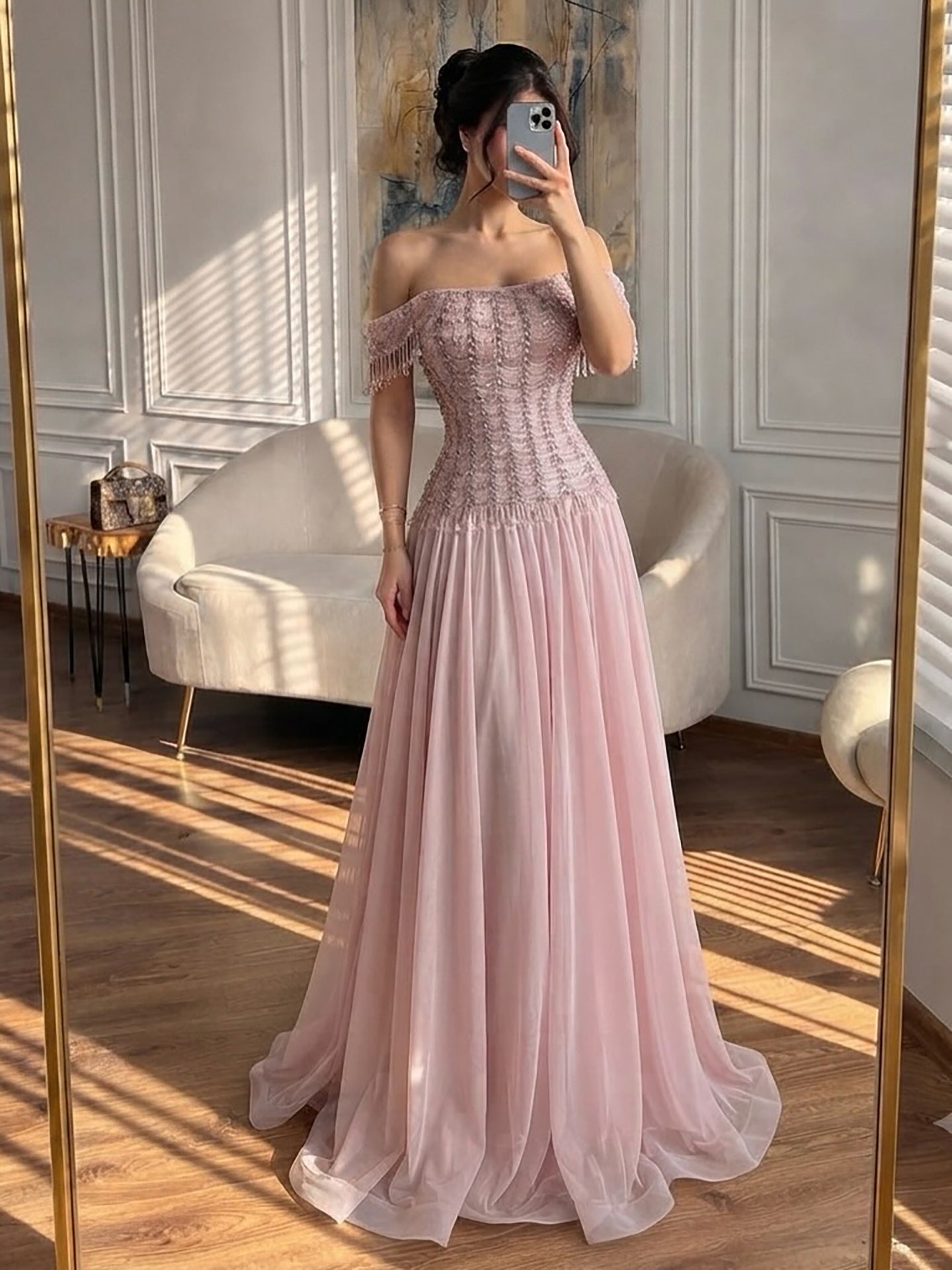 Luxury Pink Off The Shoulder Beaded Tassel Lace Up A Line Dress LA73842 SERENE HILL