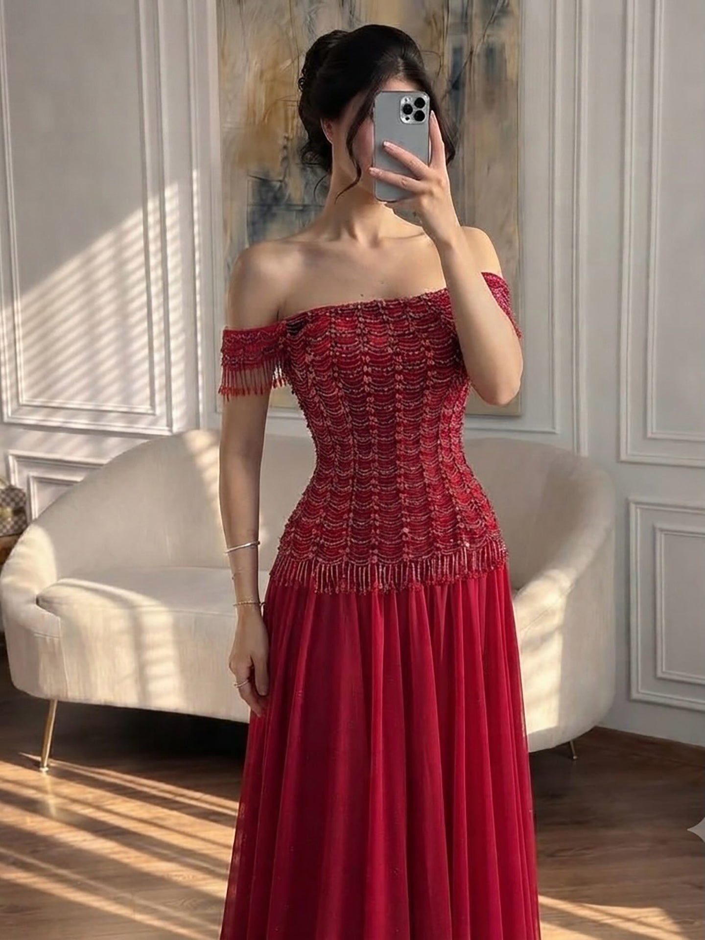 Luxury Pink Off The Shoulder Beaded Tassel Lace Up A Line Dress LA73842 SERENE HILL