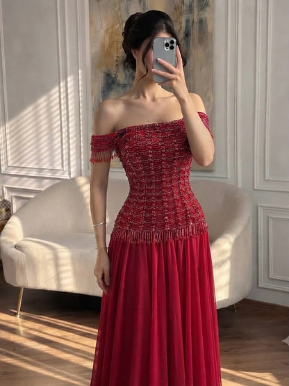 Luxury Pink Off The Shoulder Beaded Tassel Lace Up A Line Dress LA73842 SERENE HILL