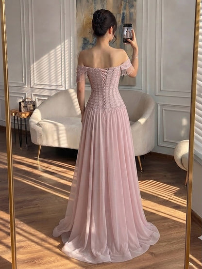 Luxury Pink Off The Shoulder Beaded Tassel Lace Up A Line Dress LA73842 SERENE HILL