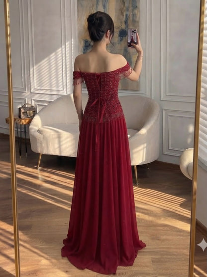 Luxury Pink Off The Shoulder Beaded Tassel Lace Up A Line Dress LA73842 SERENE HILL