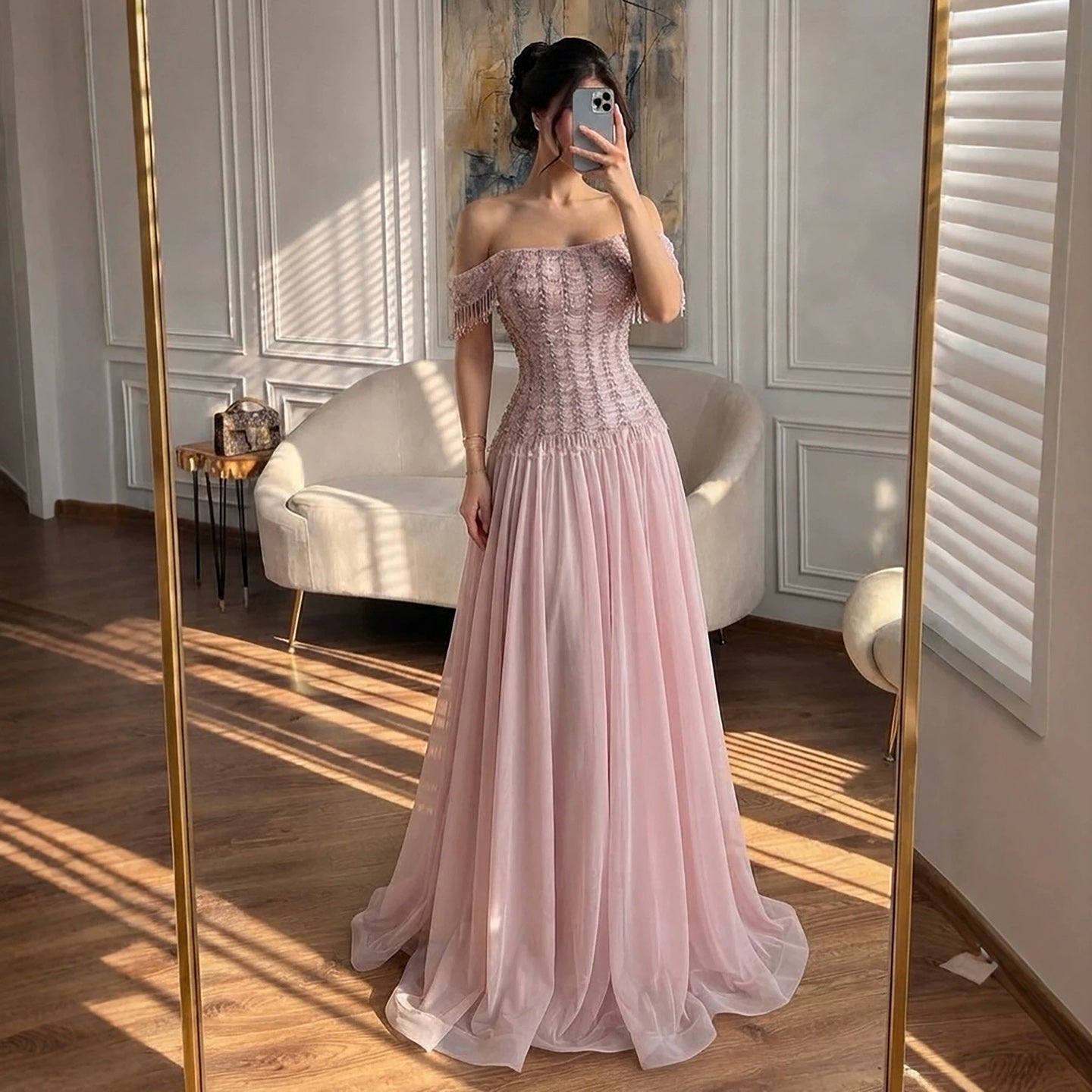 Luxury Pink Off The Shoulder Beaded Tassel Lace Up A Line Dress LA73842 SERENE HILL