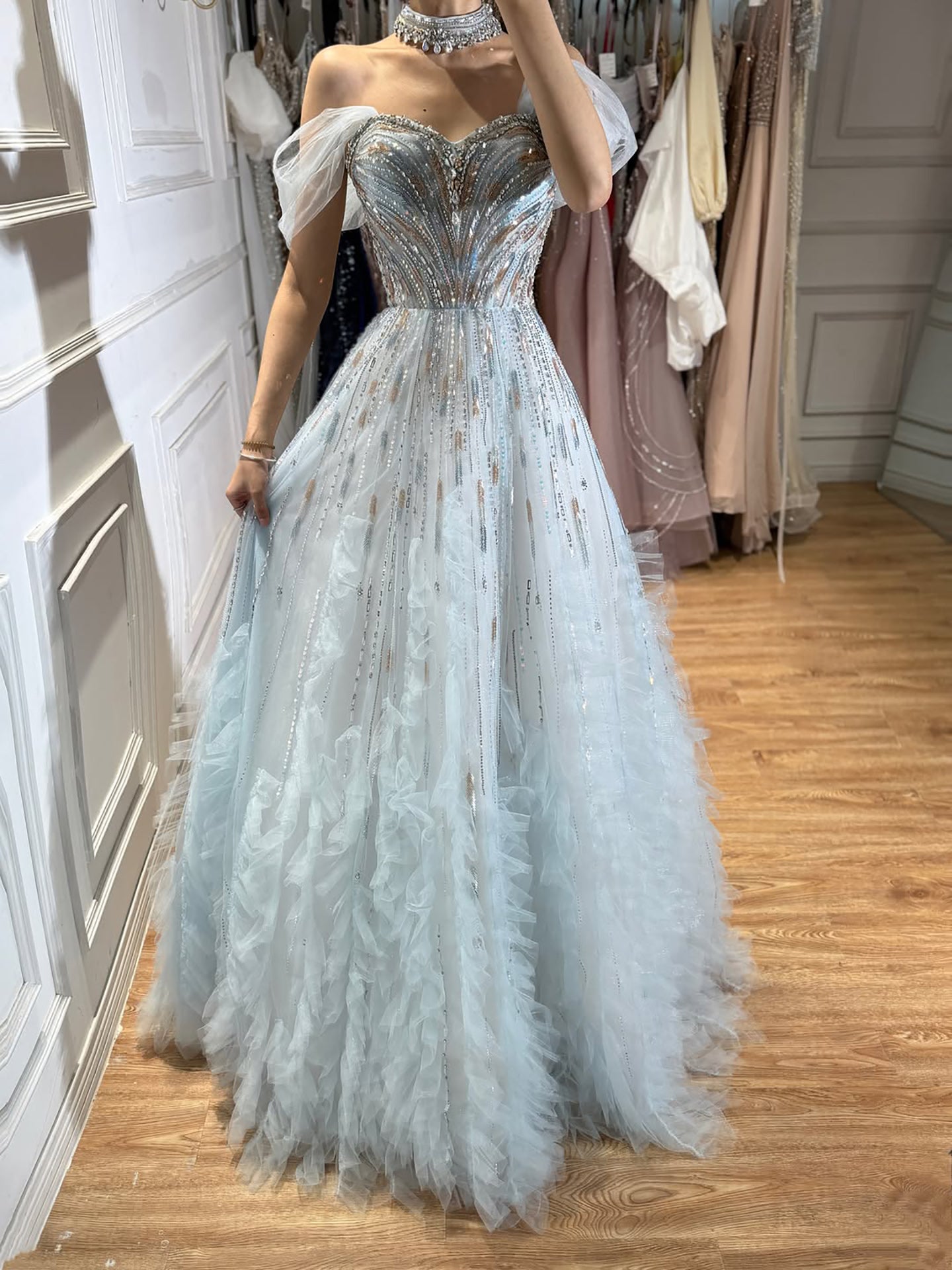 Luxury Light Blue Off The Shoulder Beaded Tiered Ruffle Dress LA73843 Pink / 6