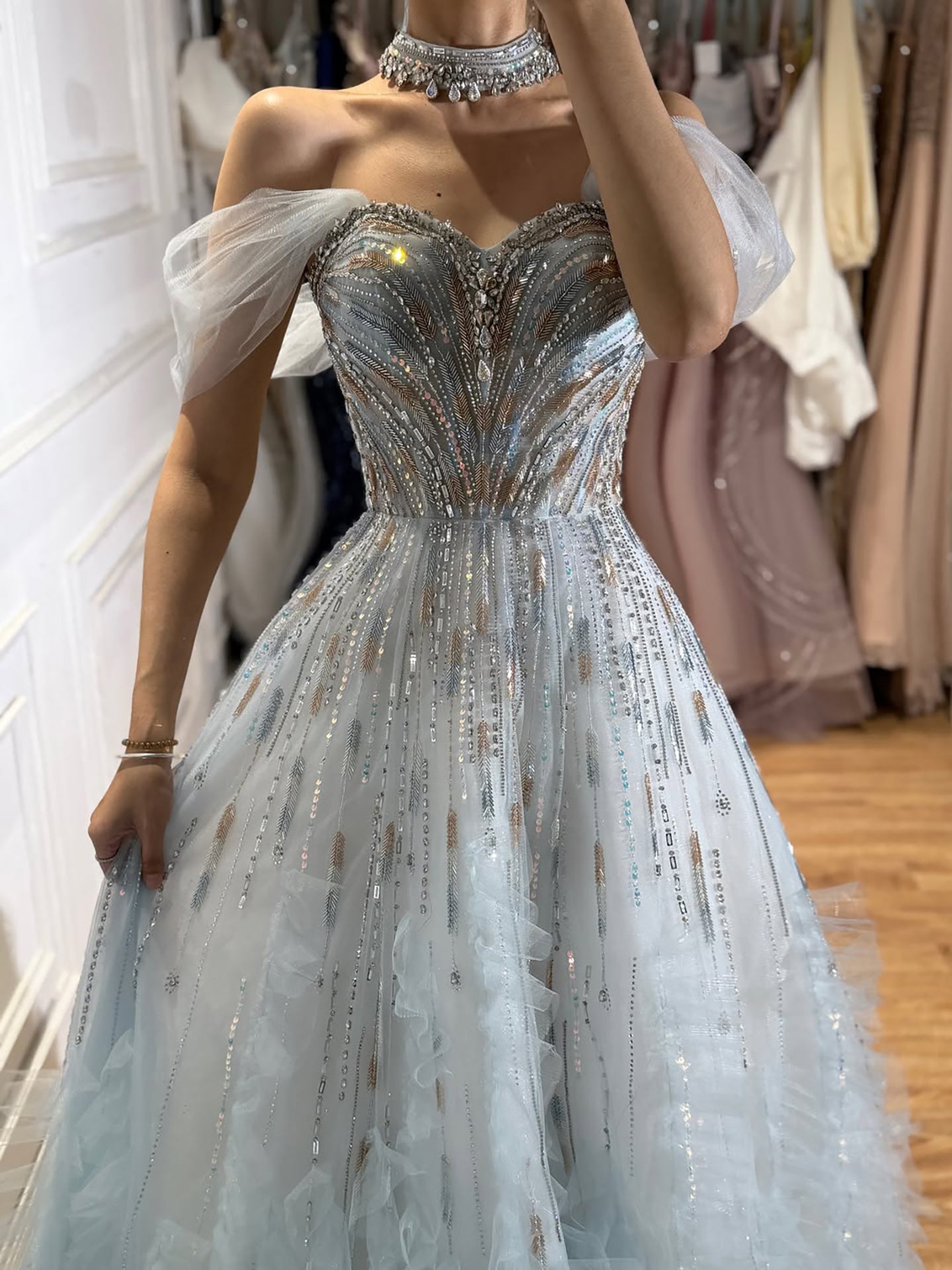 Luxury Light Blue Off The Shoulder Beaded Tiered Ruffle Dress LA73843 SERENE HILL
