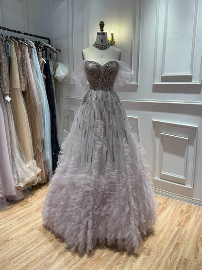 Luxury Light Blue Off The Shoulder Beaded Tiered Ruffle Dress LA73843 SERENE HILL