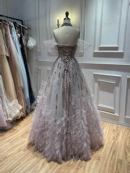 Luxury Light Blue Off The Shoulder Beaded Tiered Ruffle Dress LA73843 SERENE HILL