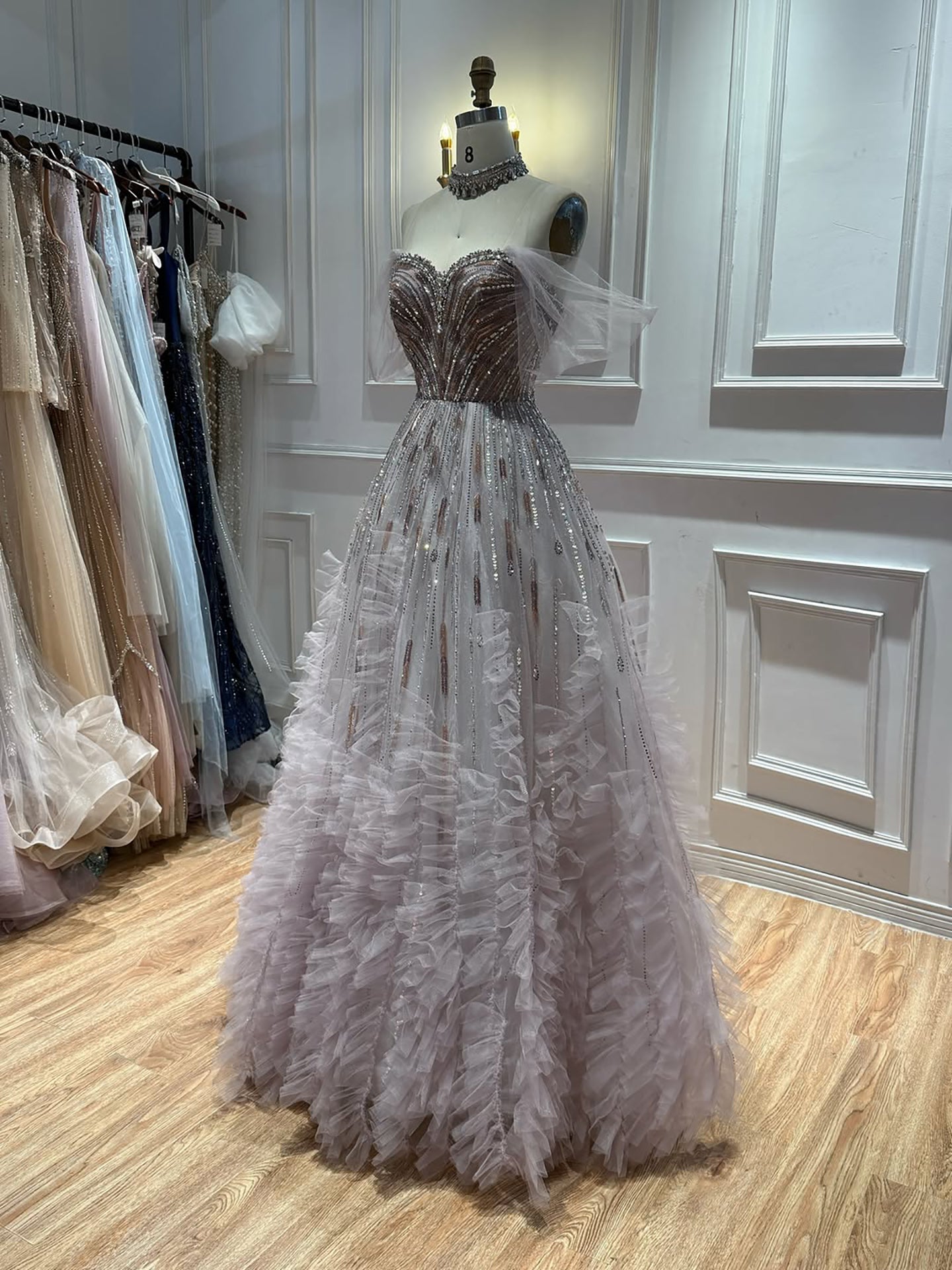 Luxury Light Blue Off The Shoulder Beaded Tiered Ruffle Dress LA73843