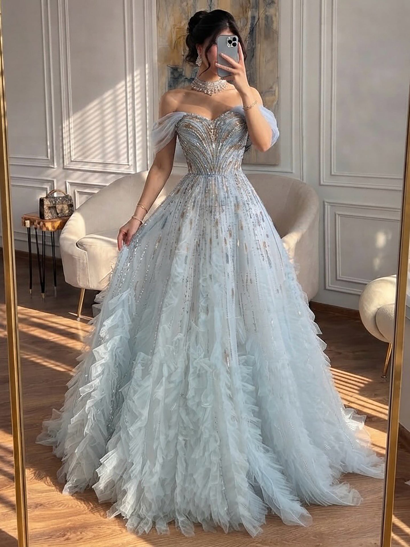 Luxury Light Blue Off The Shoulder Beaded Tiered Ruffle Dress LA73843 SERENE HILL