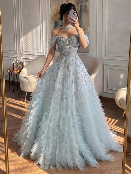 Luxury Light Blue Off The Shoulder Beaded Tiered Ruffle Dress LA73843 SERENE HILL