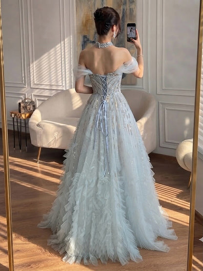 Luxury Light Blue Off The Shoulder Beaded Tiered Ruffle Dress LA73843 SERENE HILL