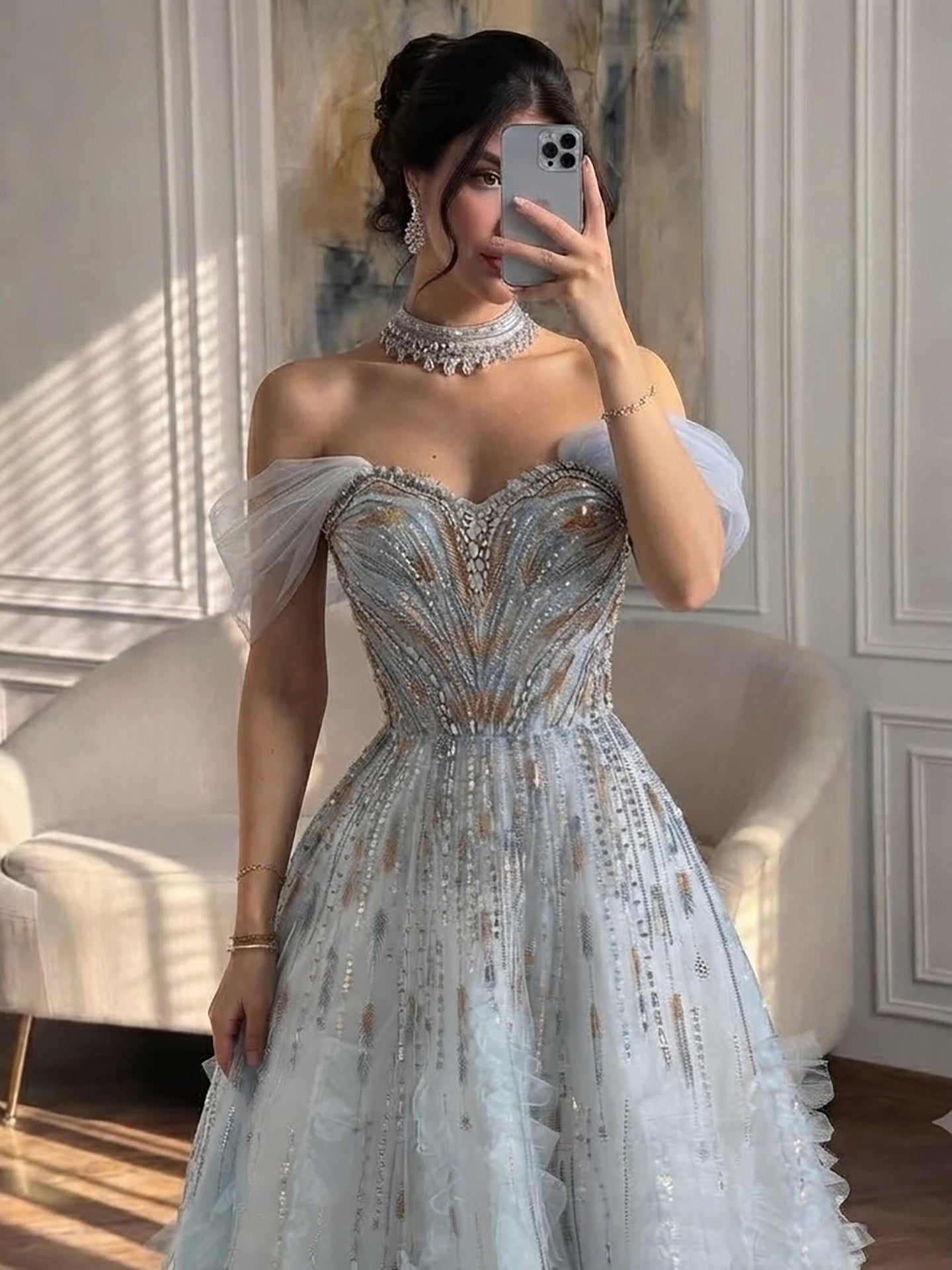 Luxury Light Blue Off The Shoulder Beaded Tiered Ruffle Dress LA73843 SERENE HILL