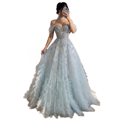 Luxury Light Blue Off The Shoulder Beaded Tiered Ruffle Dress LA73843 SERENE HILL