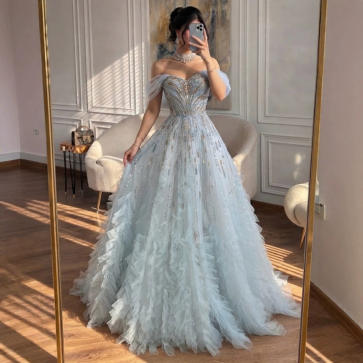 Luxury Light Blue Off The Shoulder Beaded Tiered Ruffle Dress LA73843 SERENE HILL