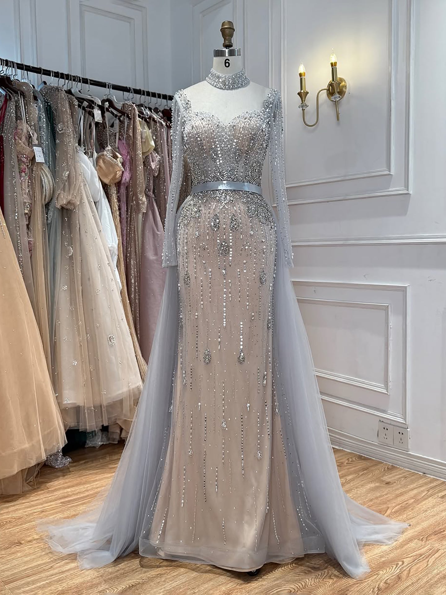 Luxury Gray Nude Pearls Beaded Mermaid Evening Dress Overskirt LA73884 SERENE HILL