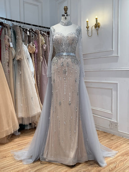 Luxury Gray Nude Pearls Beaded Mermaid Evening Dress Overskirt LA73884 SERENE HILL