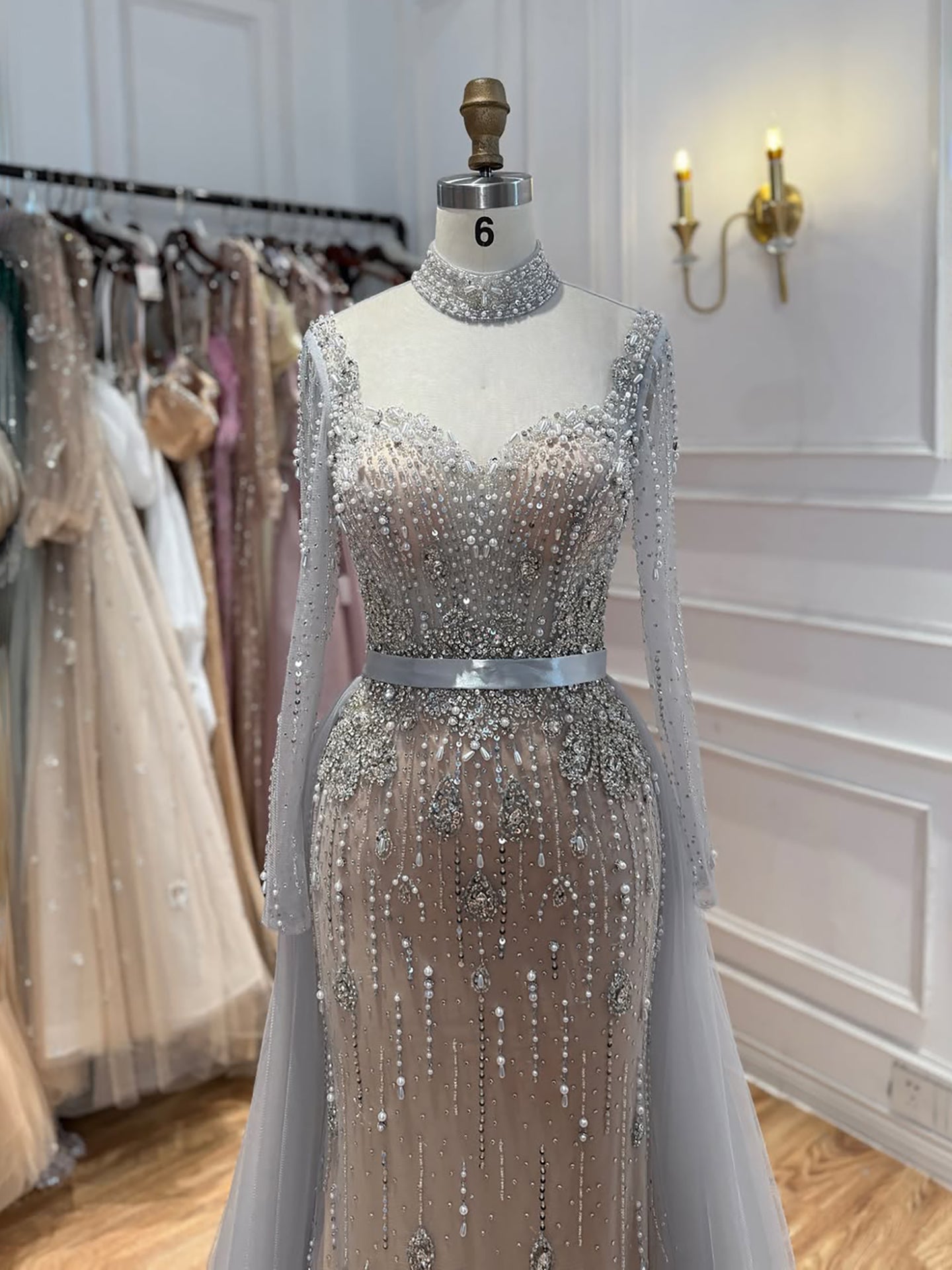 Luxury Gray Nude Pearls Beaded Mermaid Evening Dress Overskirt LA73884 SERENE HILL