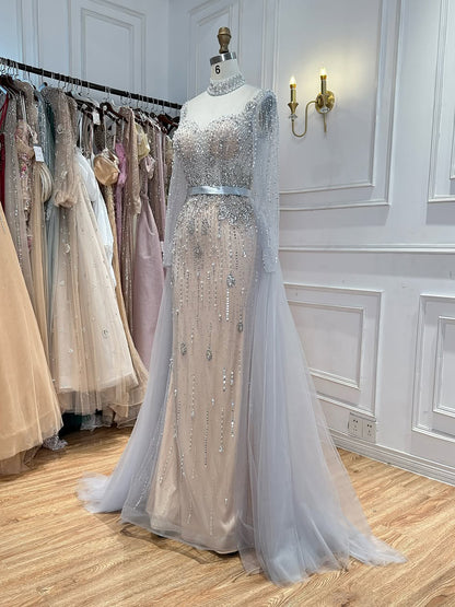 Luxury Gray Nude Pearls Beaded Mermaid Evening Dress Overskirt LA73884 SERENE HILL