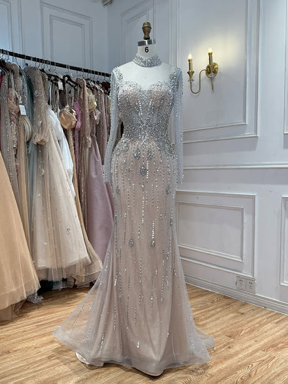 Luxury Gray Nude Pearls Beaded Mermaid Evening Dress Overskirt LA73884 SERENE HILL