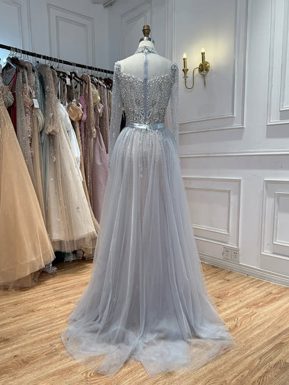 Luxury Gray Nude Pearls Beaded Mermaid Evening Dress Overskirt LA73884 SERENE HILL