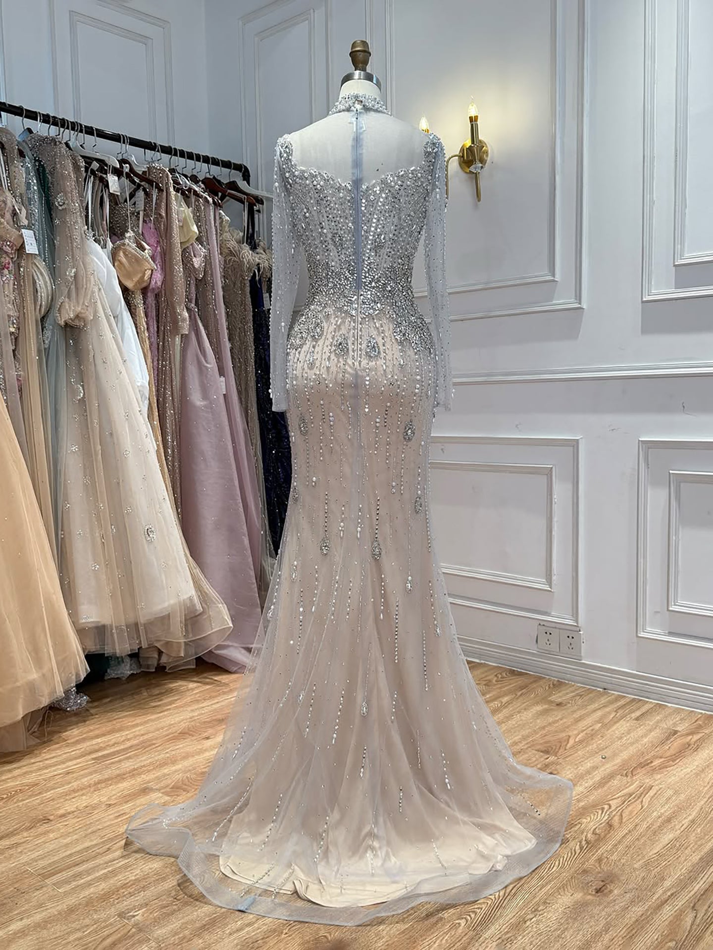 Luxury Gray Nude Pearls Beaded Mermaid Evening Dress Overskirt LA73884 SERENE HILL