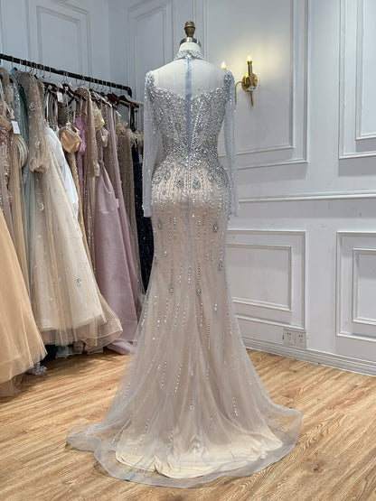 Luxury Gray Nude Pearls Beaded Mermaid Evening Dress Overskirt LA73884 SERENE HILL
