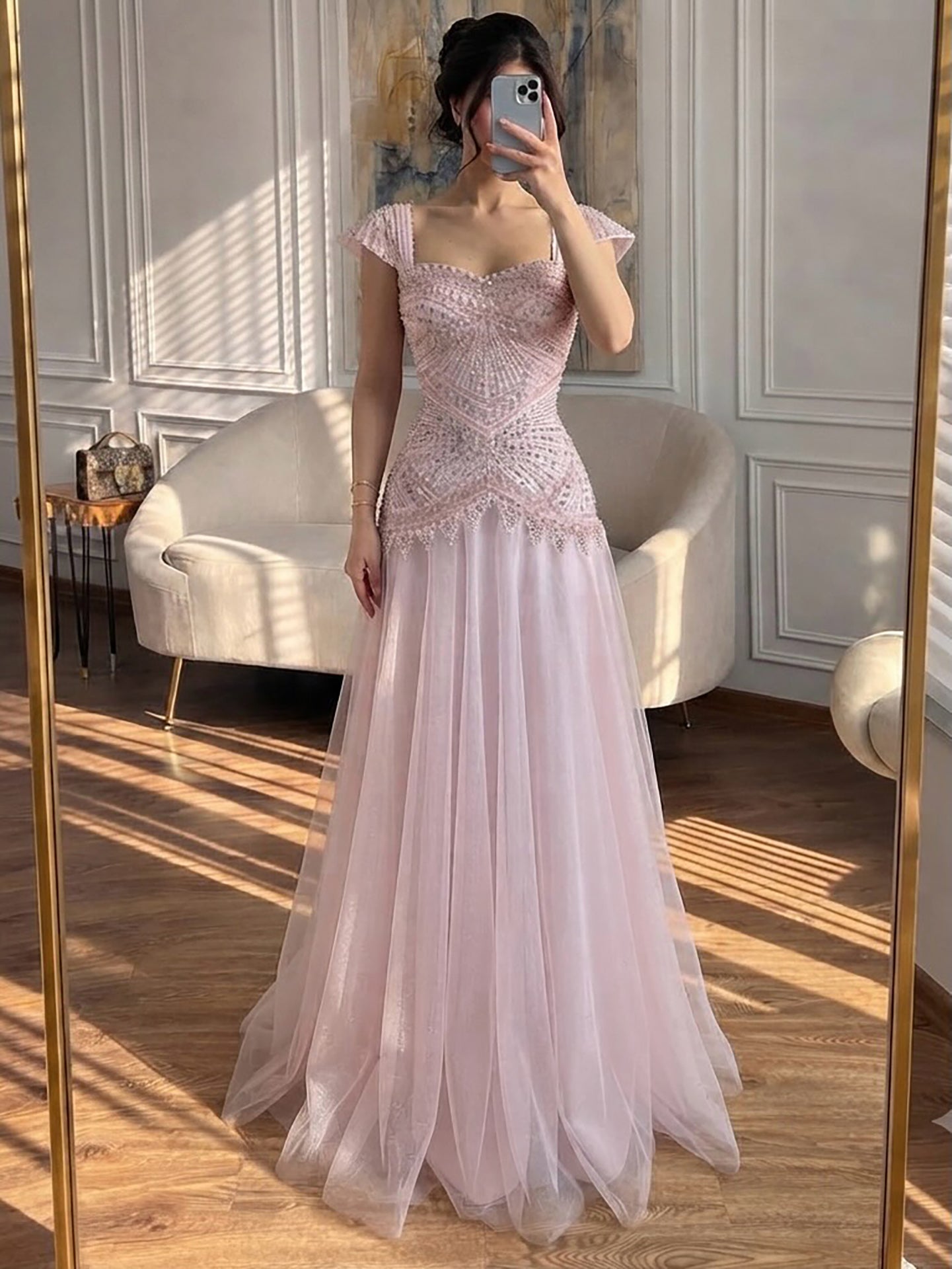 Luxury Pink Beaded Cap Sleeve Lace Up A-Line Dress LA73844 Pink / 2