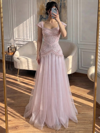 Luxury Pink Beaded Cap Sleeve Lace Up A-Line Dress LA73844 SERENE HILL