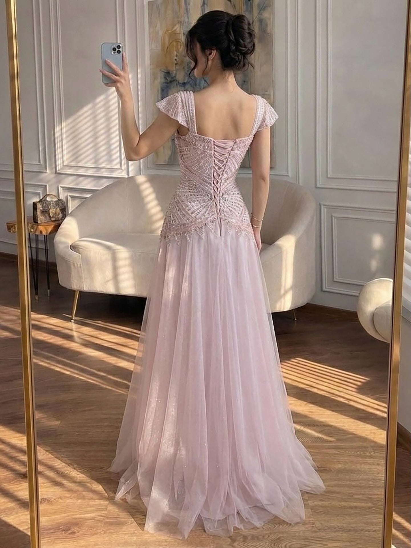 Luxury Pink Beaded Cap Sleeve Lace Up A-Line Dress LA73844 SERENE HILL