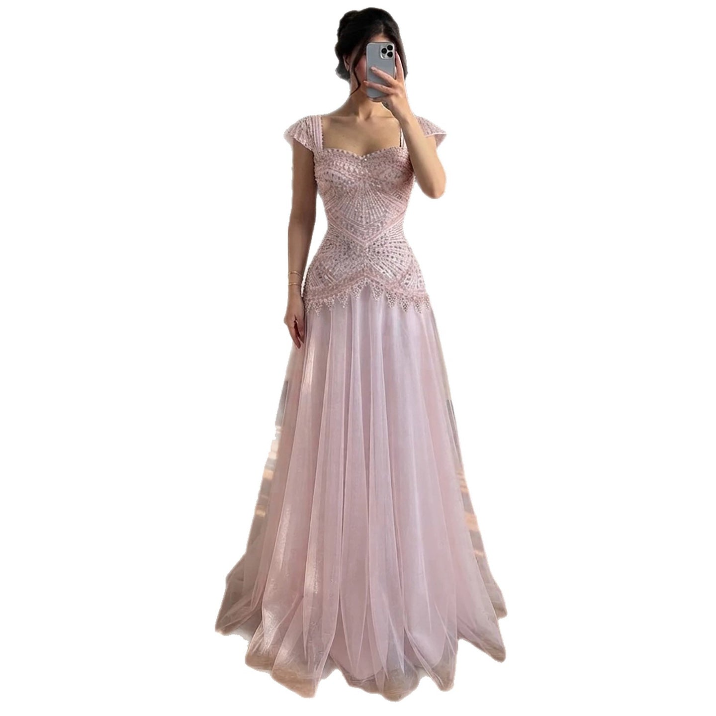 Luxury Pink Beaded Cap Sleeve Lace Up A-Line Dress LA73844 SERENE HILL