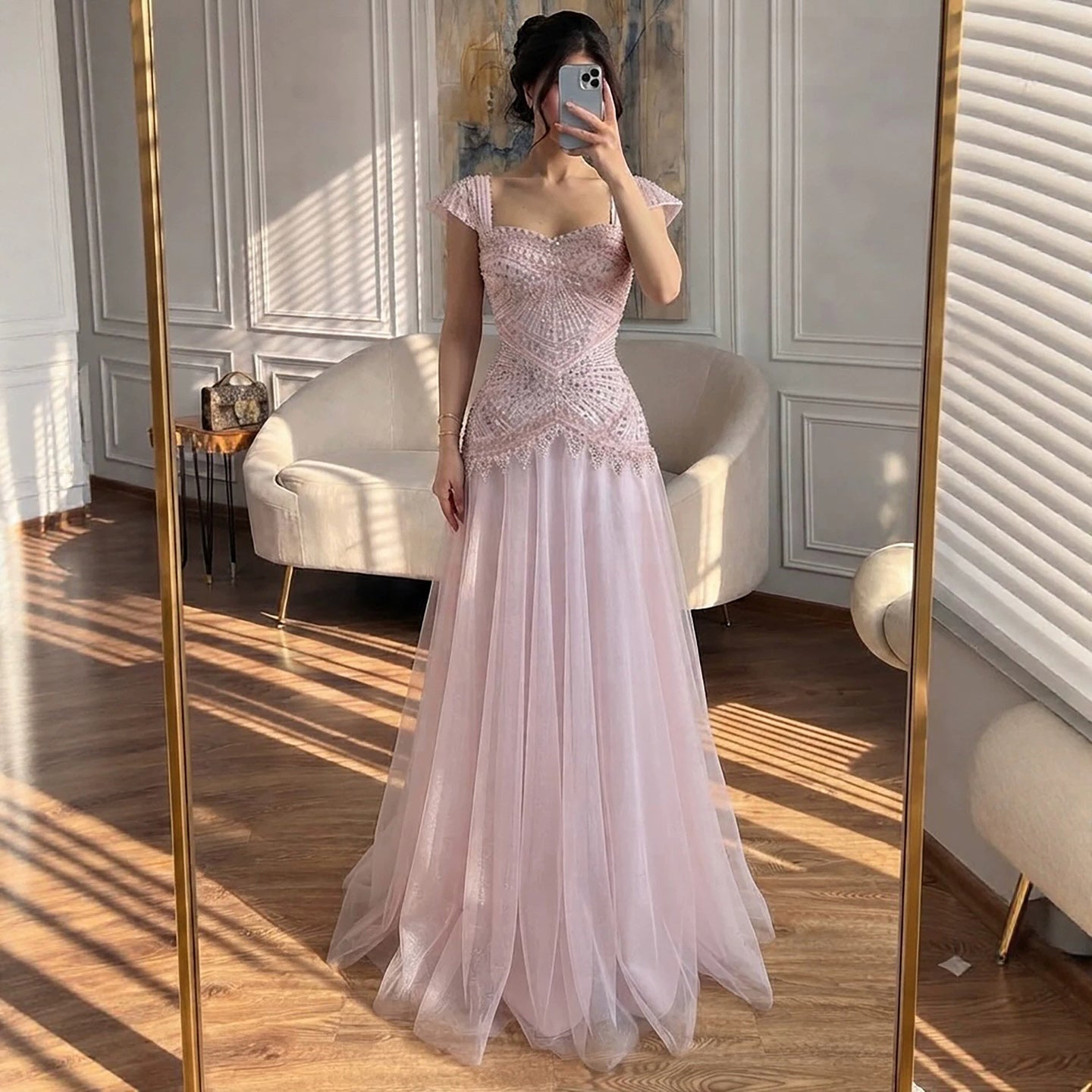Luxury Pink Beaded Cap Sleeve Lace Up A-Line Dress LA73844 SERENE HILL