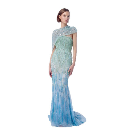 Luxury Blue One Shoulder Ombre Beaded Backless Mermaid Dress LA73845 SERENE HILL