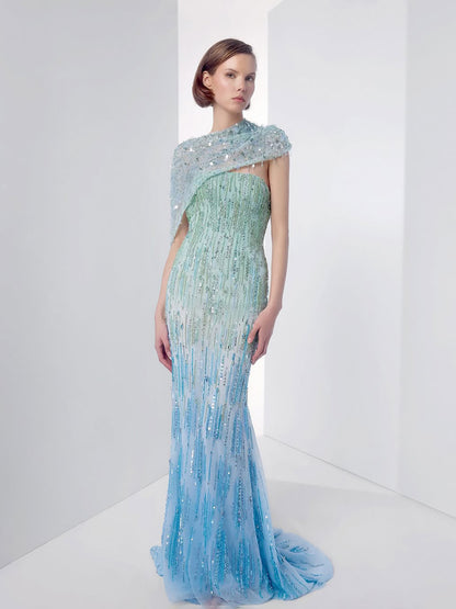 Luxury Blue One Shoulder Ombre Beaded Backless Mermaid Dress LA73845 SERENE HILL